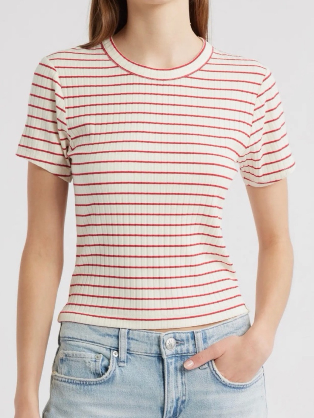 Rag & Bone Luca Stripe Ribbed Crewneck Baby Tee - Cream with Red Stripes